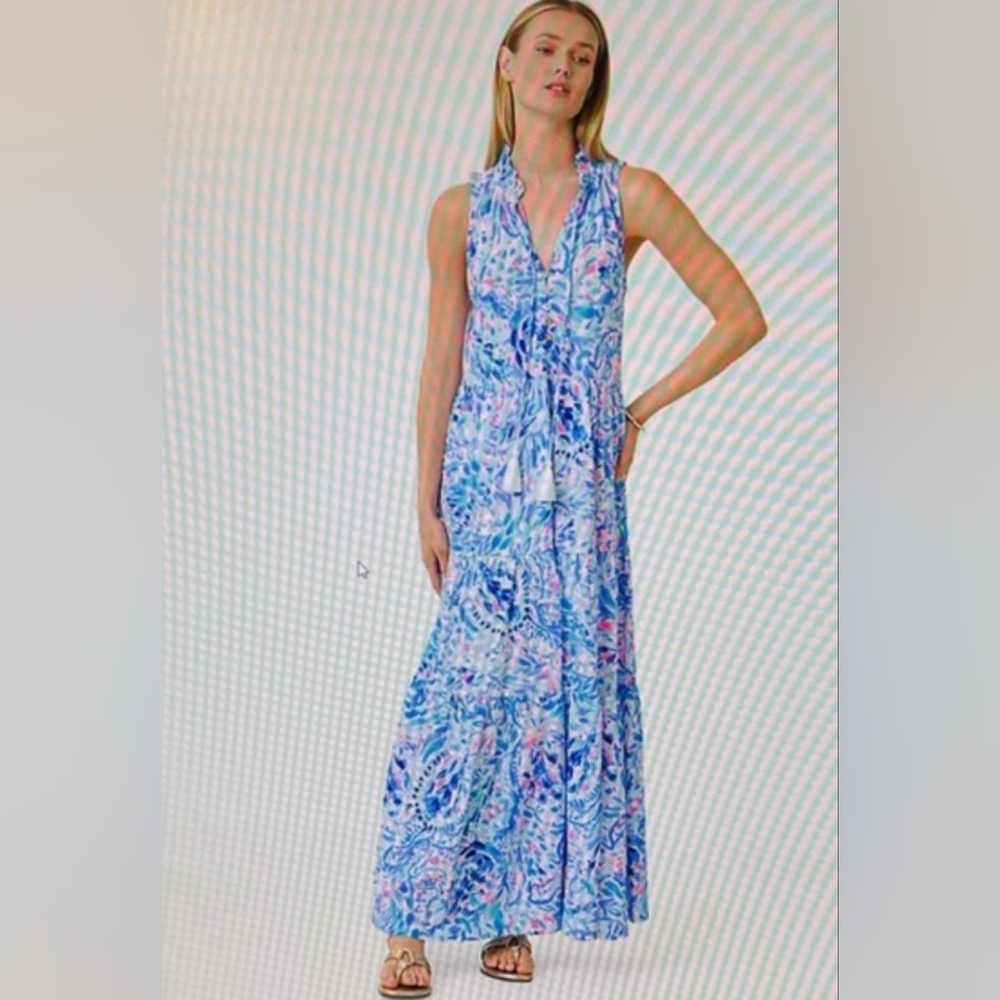 NWT LILLY PULITZER BREAKWATER BLUE TINT PARTY WAVE MALONE MAXI DRESS L